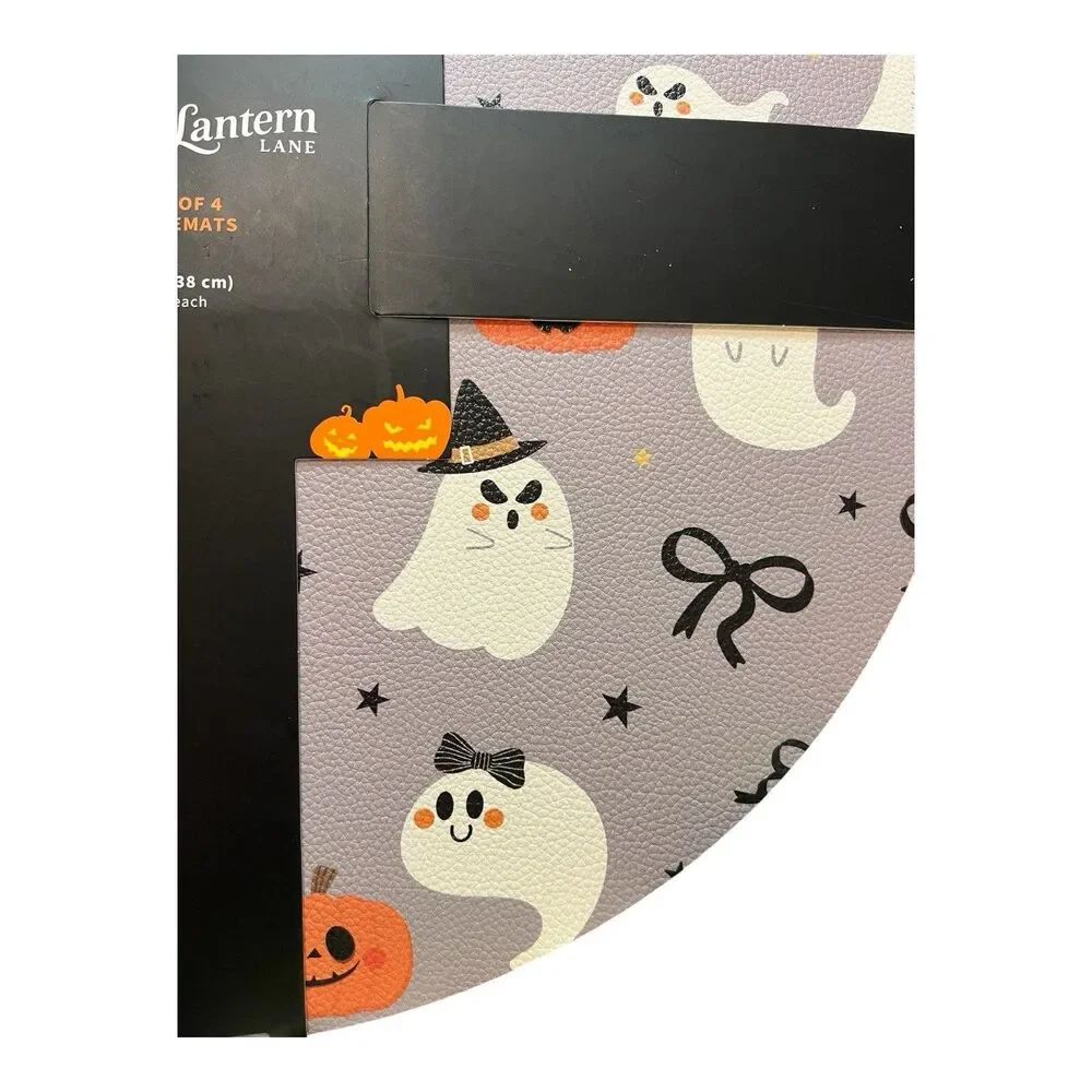 Jack O Lantern Lane Halloween Placemats (4) Grey W Fun Ghosts & Pumpkins PVC